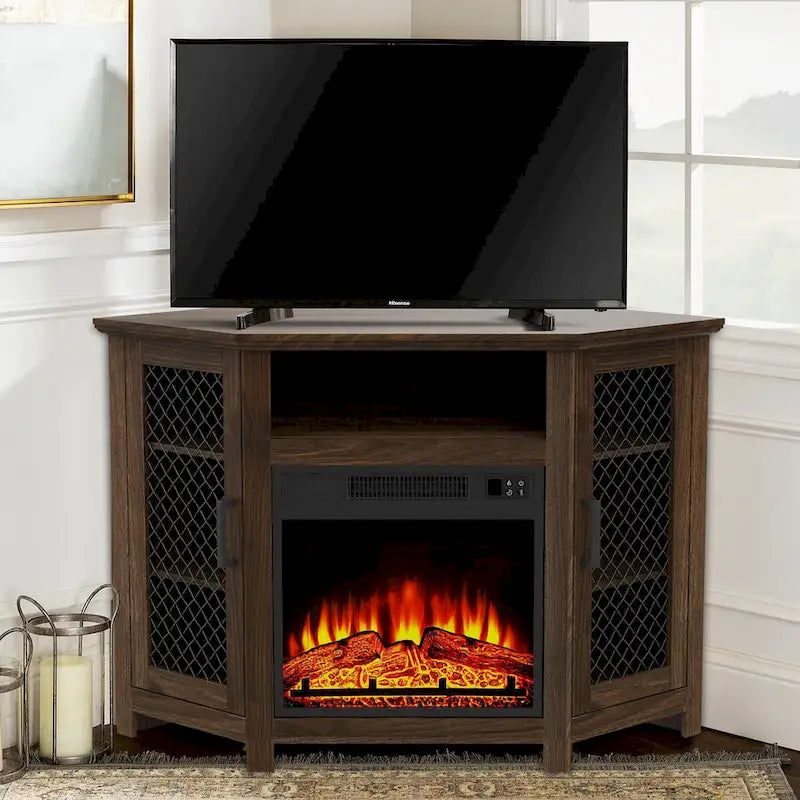 Grey Wash / Walnut Corner TV Stand with Electric Fireplace, Farmhouse Style, Single-Room Use
