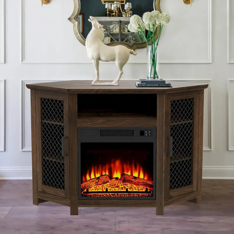 Grey Wash / Walnut Corner TV Stand with Electric Fireplace, Farmhouse Style, Single-Room Use