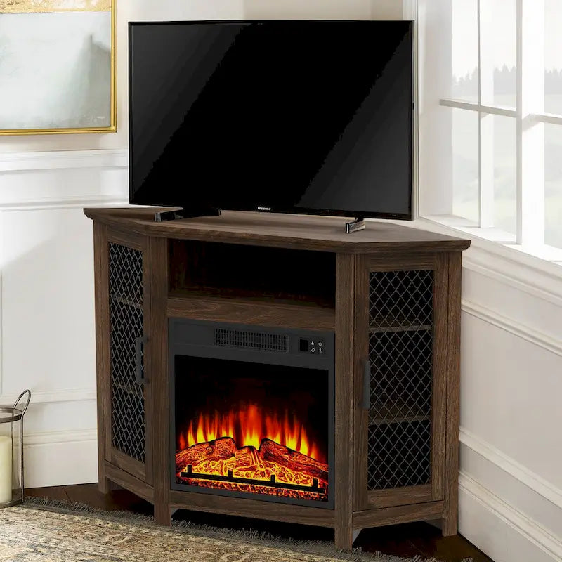 Grey Wash / Walnut Corner TV Stand with Electric Fireplace, Farmhouse Style, Single-Room Use