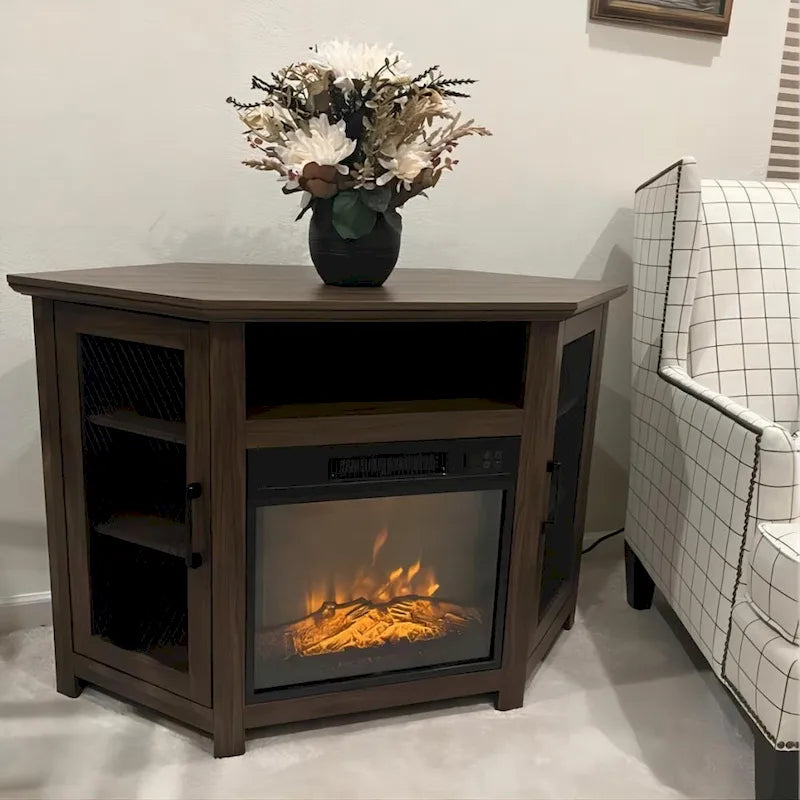 Grey Wash / Walnut Corner TV Stand with Electric Fireplace, Farmhouse Style, Single-Room Use