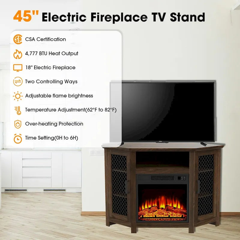 Grey Wash / Walnut Corner TV Stand with Electric Fireplace, Farmhouse Style, Single-Room Use