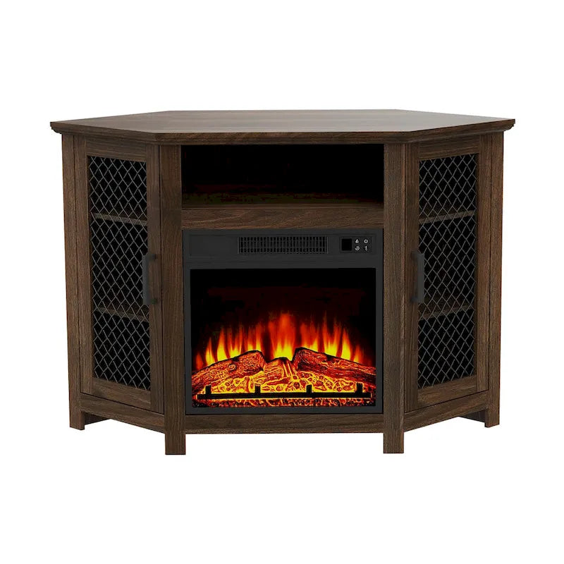 Grey Wash / Walnut Corner TV Stand with Electric Fireplace, Farmhouse Style, Single-Room Use