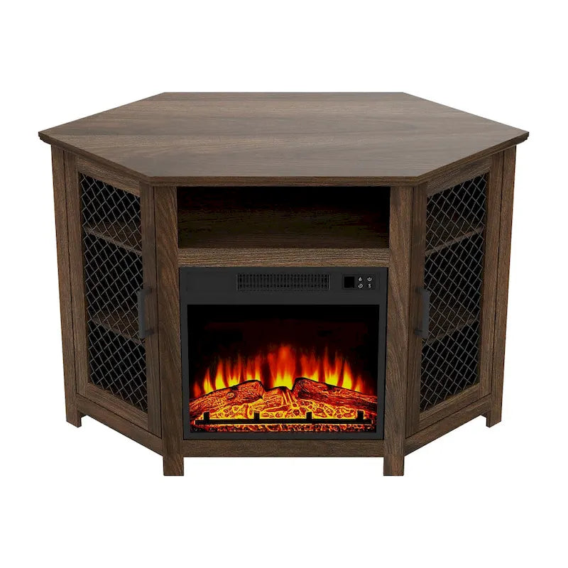 Grey Wash / Walnut Corner TV Stand with Electric Fireplace, Farmhouse Style, Single-Room Use