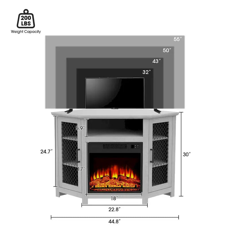 Grey Wash / Walnut Corner TV Stand with Electric Fireplace, Farmhouse Style, Single-Room Use
