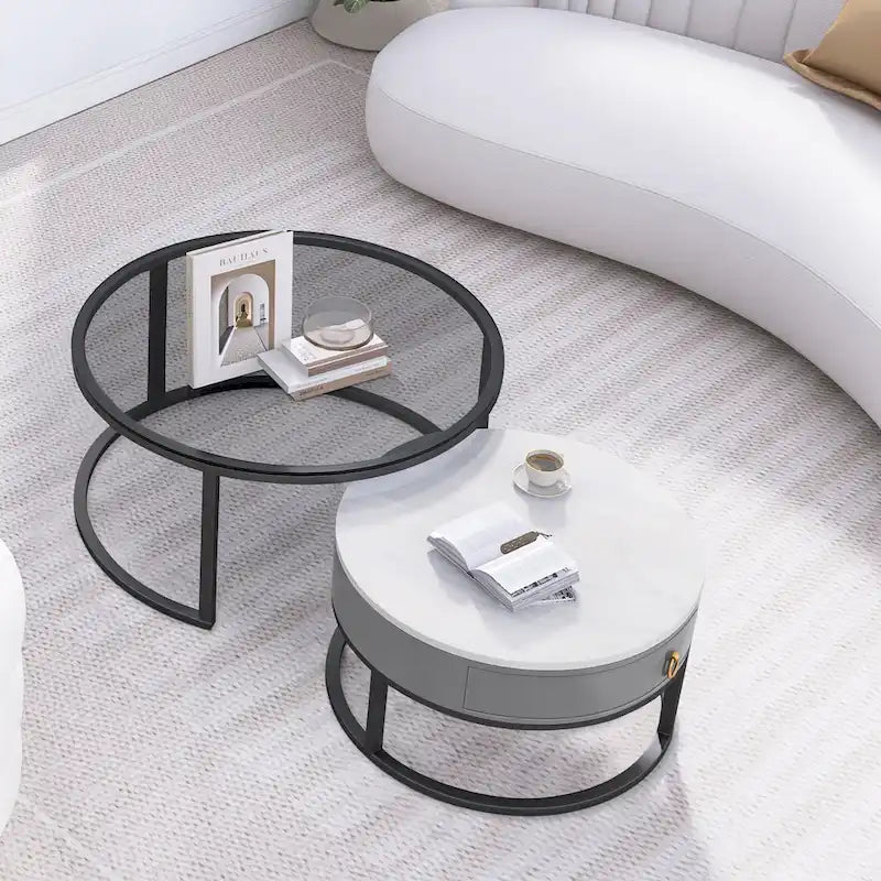 White Round Nesting Coffee Table Set of 2, with Drawer