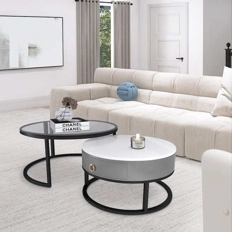 White Round Nesting Coffee Table Set of 2, with Drawer