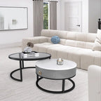 White Round Nesting Coffee Table Set of 2, with Drawer