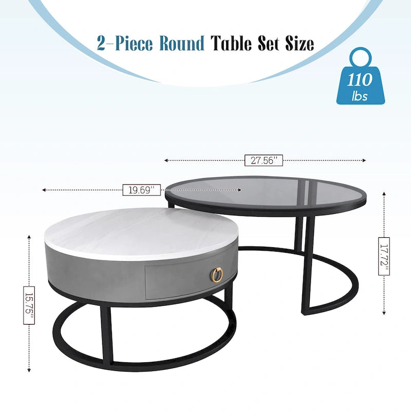 White Round Nesting Coffee Table Set of 2, with Drawer