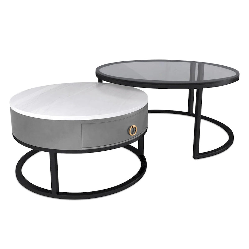White Round Nesting Coffee Table Set of 2, with Drawer