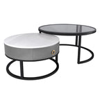 White Round Nesting Coffee Table Set of 2, with Drawer