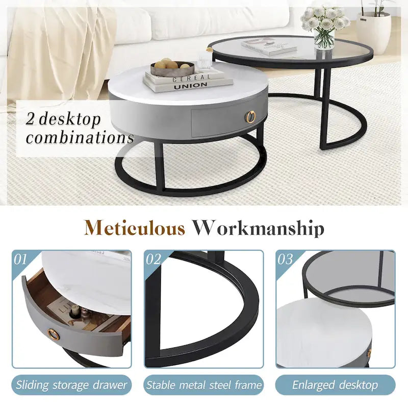 White Round Nesting Coffee Table Set of 2, with Drawer