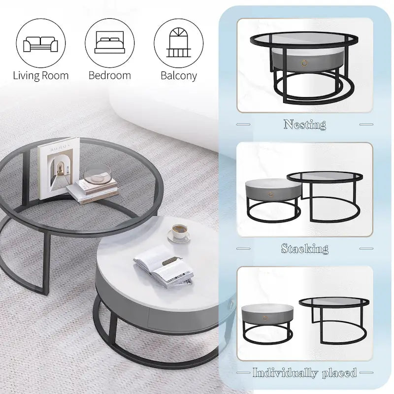 White Round Nesting Coffee Table Set of 2, with Drawer