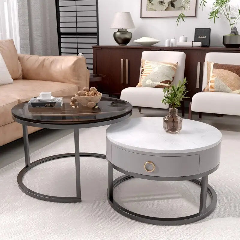 White Round Nesting Coffee Table Set of 2, with Drawer