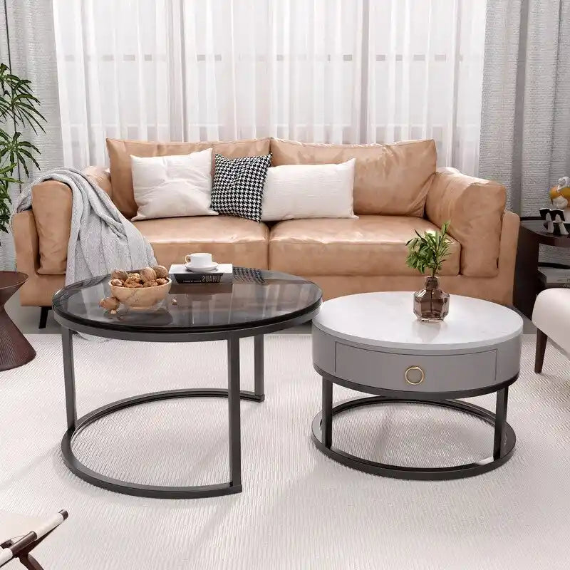 White Round Nesting Coffee Table Set of 2, with Drawer