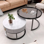White Round Nesting Coffee Table Set of 2, with Drawer