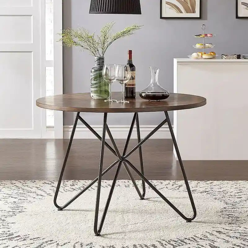 Walnut & Black Iron Round Dining Table Set, Seats up to 5