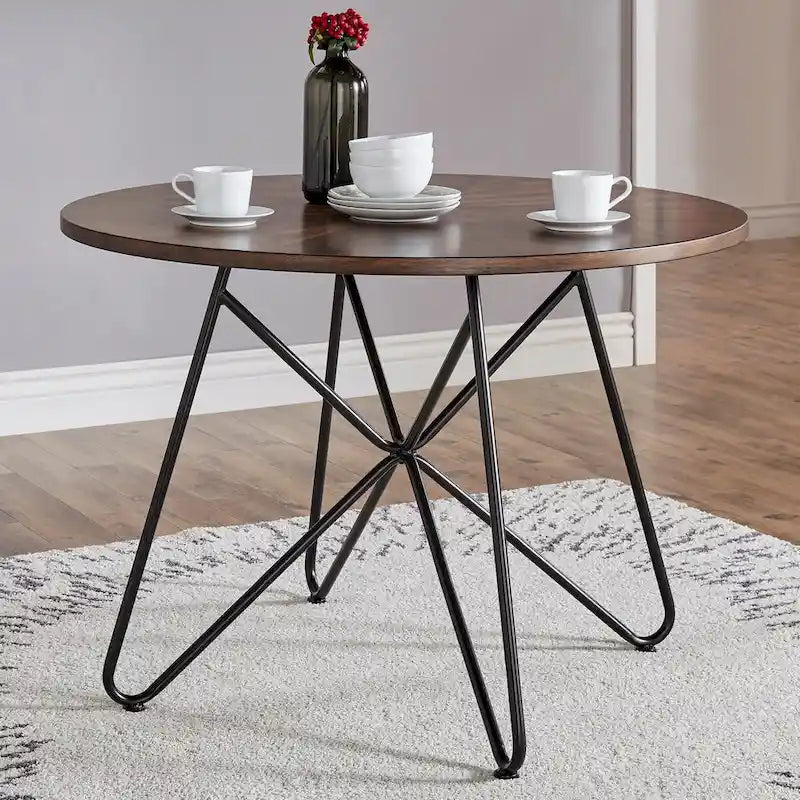 Walnut & Black Iron Round Dining Table Set, Seats up to 5