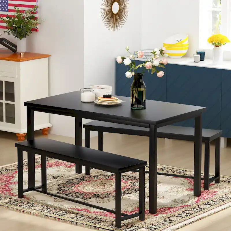 Black/Natural/Rustic Brown Industrial Style 3-Piece Dining Table Set for 4