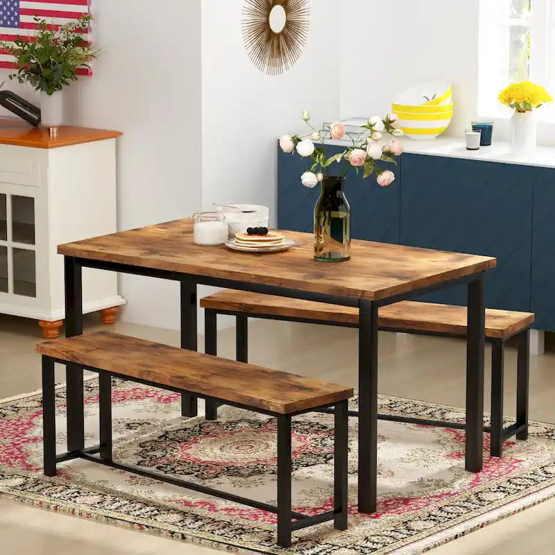 Ensemble table et chaises de salle à manger 3 pièces de style industriel pour 4 personnes, noir/naturel/marron rustique