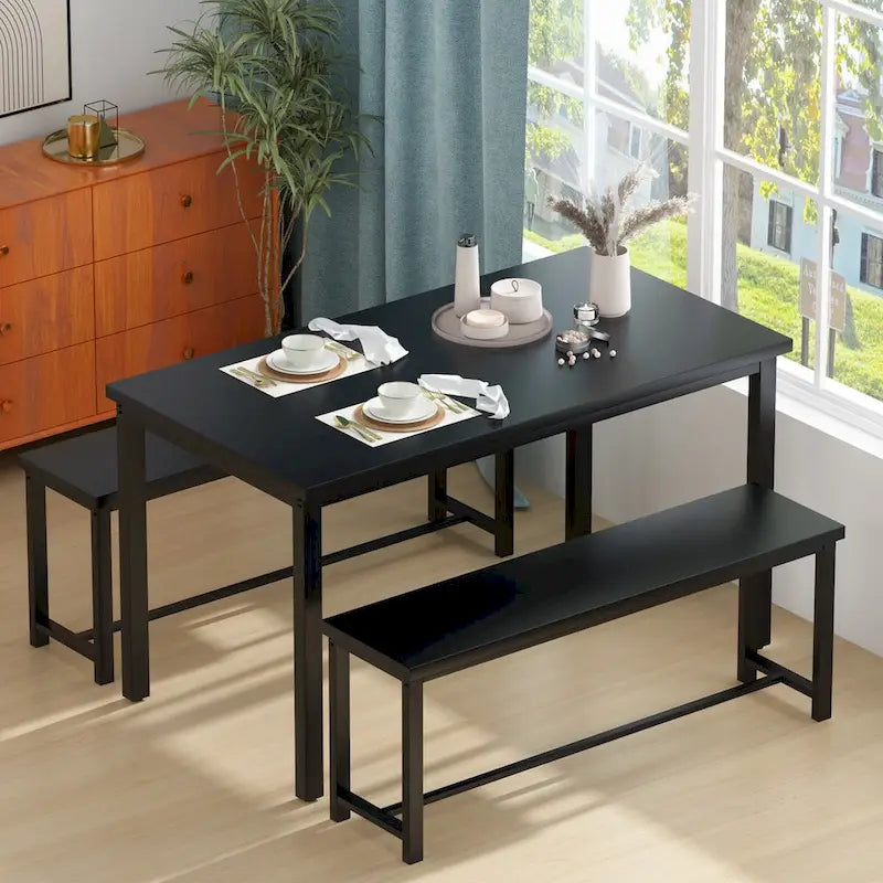 Black/Natural/Rustic Brown Industrial Style 3-Piece Dining Table Set for 4