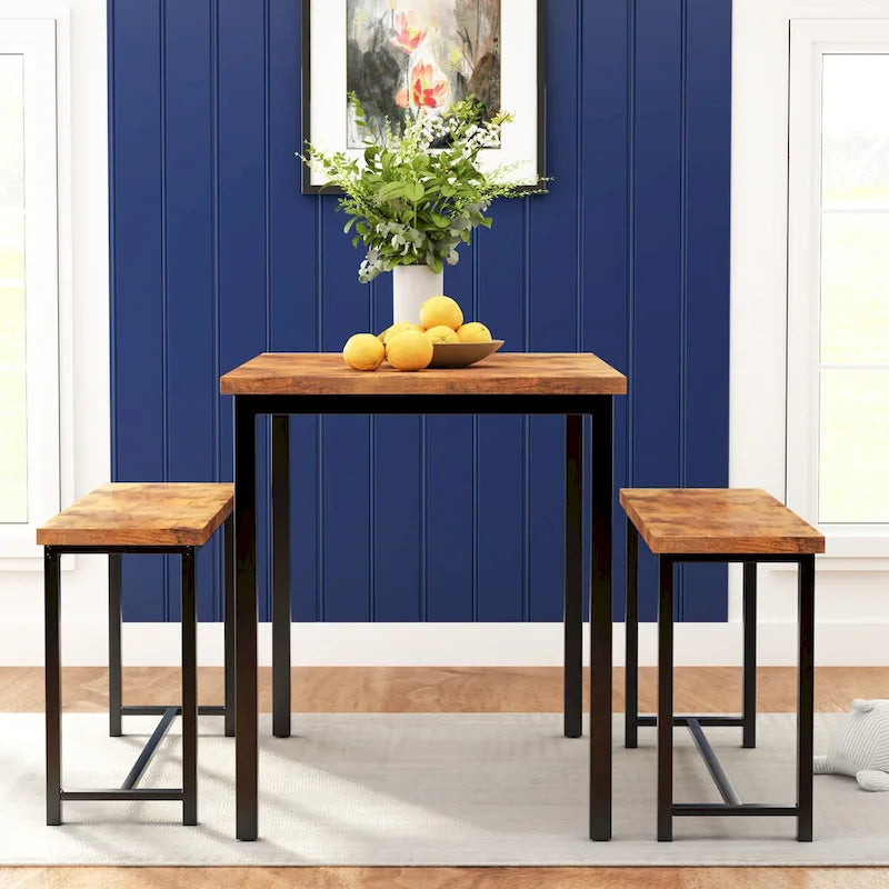 Black/Natural/Rustic Brown Industrial Style 3-Piece Dining Table Set for 4