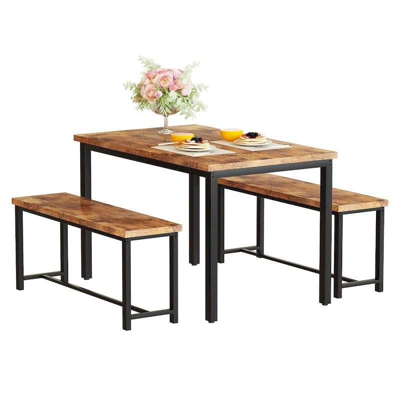Black/Natural/Rustic Brown Industrial Style 3-Piece Dining Table Set for 4