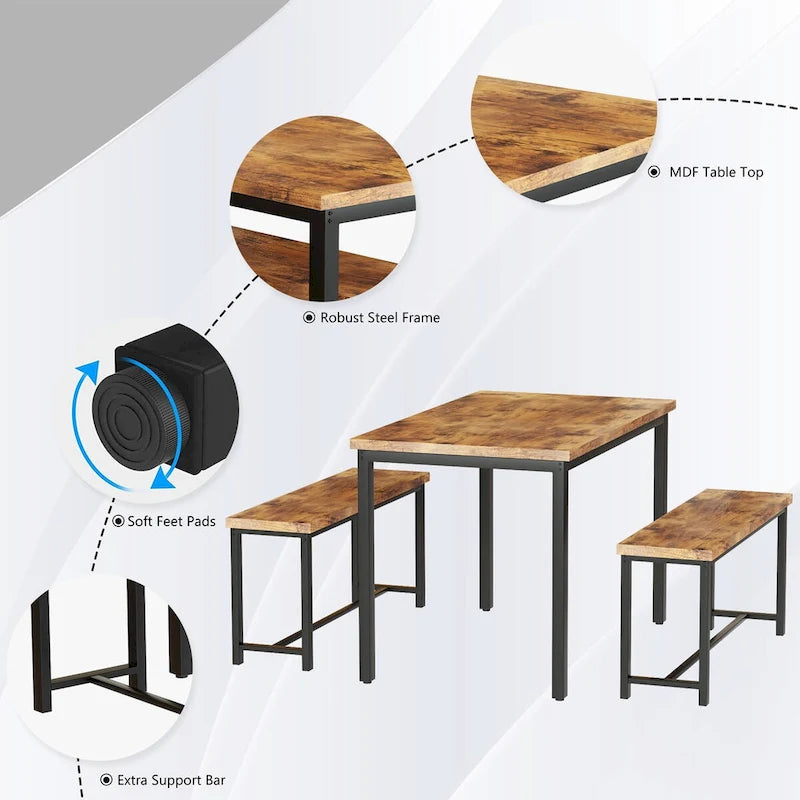 Black/Natural/Rustic Brown Industrial Style 3-Piece Dining Table Set for 4