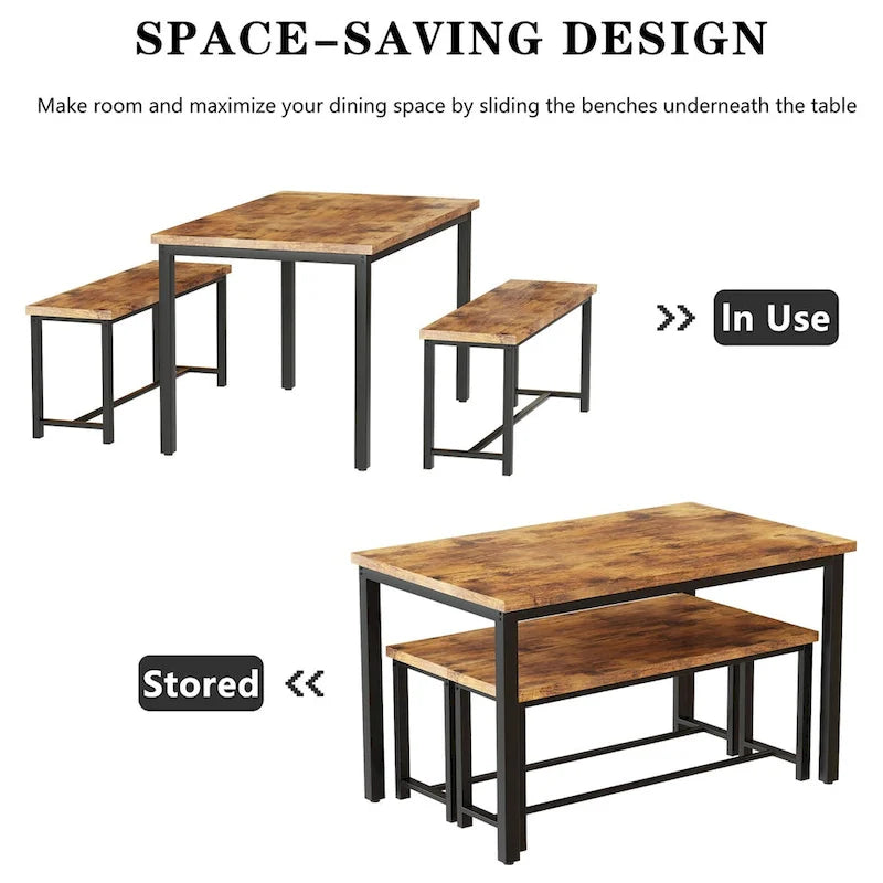 Black/Natural/Rustic Brown Industrial Style 3-Piece Dining Table Set for 4