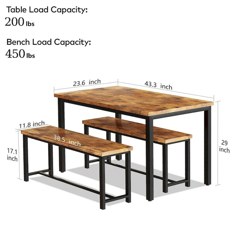 Black/Natural/Rustic Brown Industrial Style 3-Piece Dining Table Set for 4