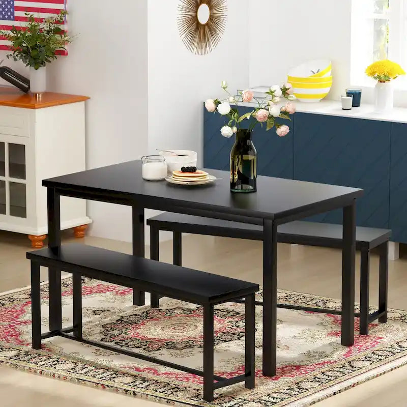 Black/Natural/Rustic Brown Industrial Style 3-Piece Dining Table Set for 4