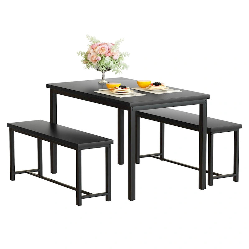 Black/Natural/Rustic Brown Industrial Style 3-Piece Dining Table Set for 4