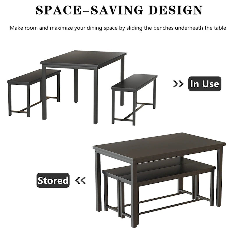 Black/Natural/Rustic Brown Industrial Style 3-Piece Dining Table Set for 4