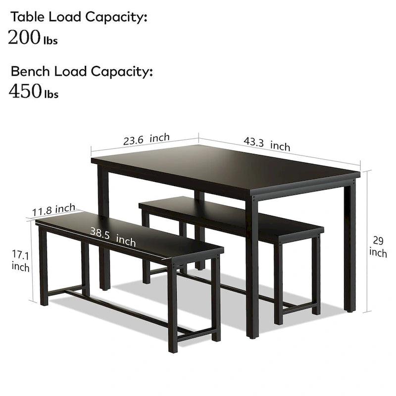Black/Natural/Rustic Brown Industrial Style 3-Piece Dining Table Set for 4