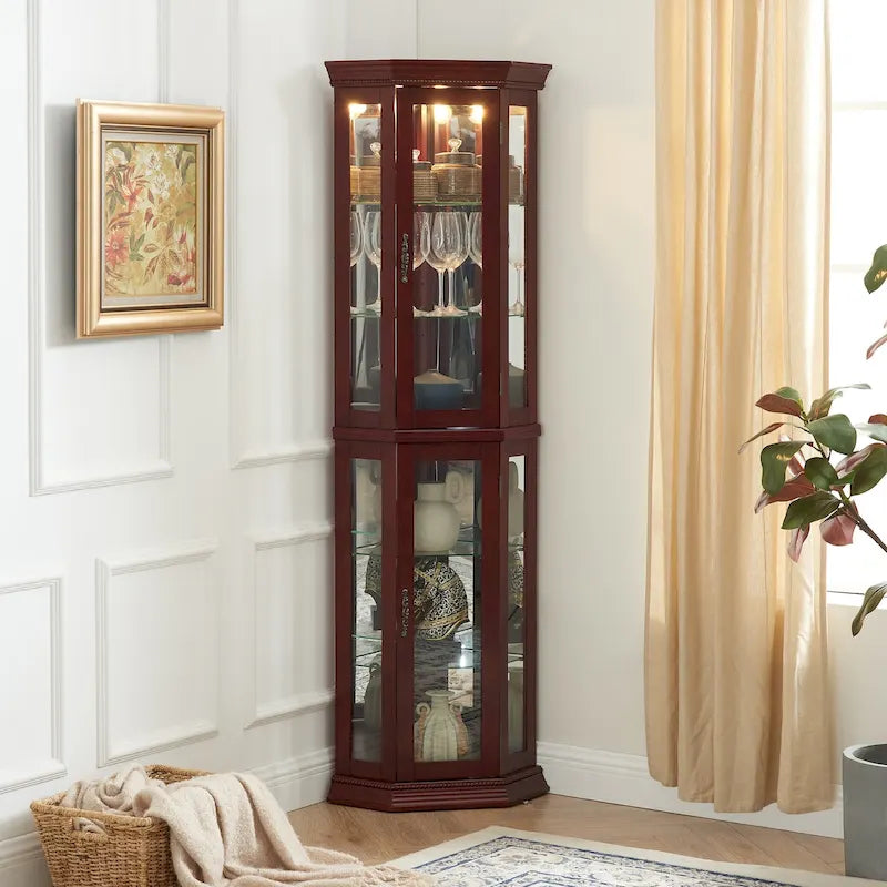 Cherry & Oak Corner Curio Cabinet with Light, Mirrored Back & Tempered Glass Shelves