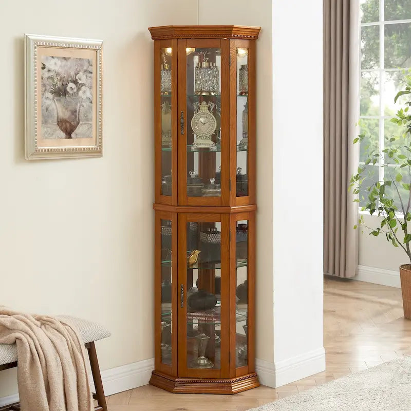 Cherry & Oak Corner Curio Cabinet with Light, Mirrored Back & Tempered Glass Shelves