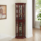 Cherry & Oak Corner Curio Cabinet with Light, Mirrored Back & Tempered Glass Shelves