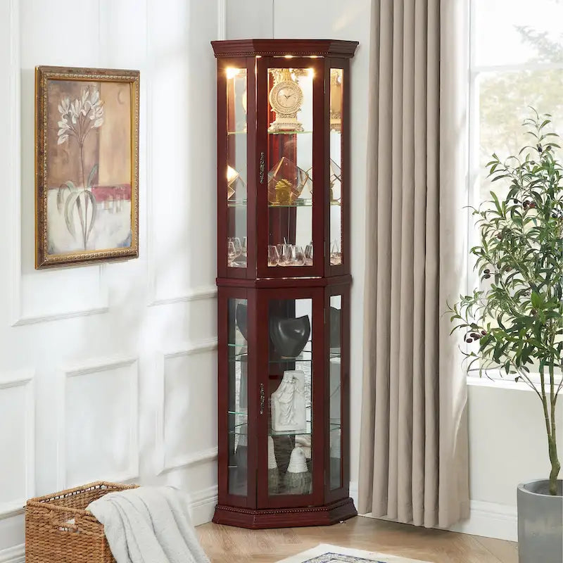 Cherry & Oak Corner Curio Cabinet with Light, Mirrored Back & Tempered Glass Shelves
