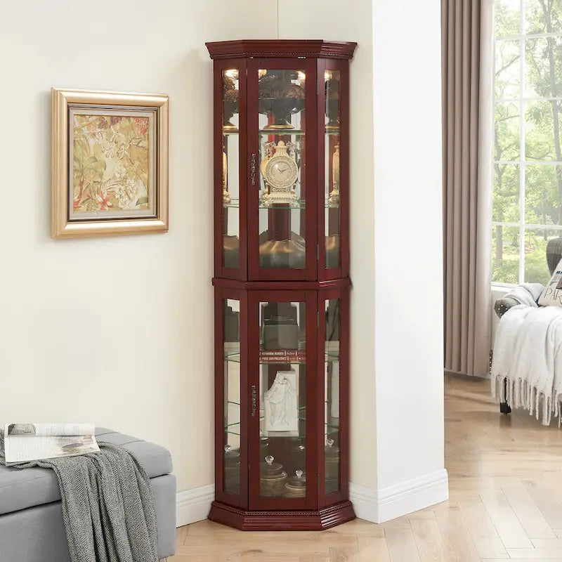 Cherry & Oak Corner Curio Cabinet with Light, Mirrored Back & Tempered Glass Shelves