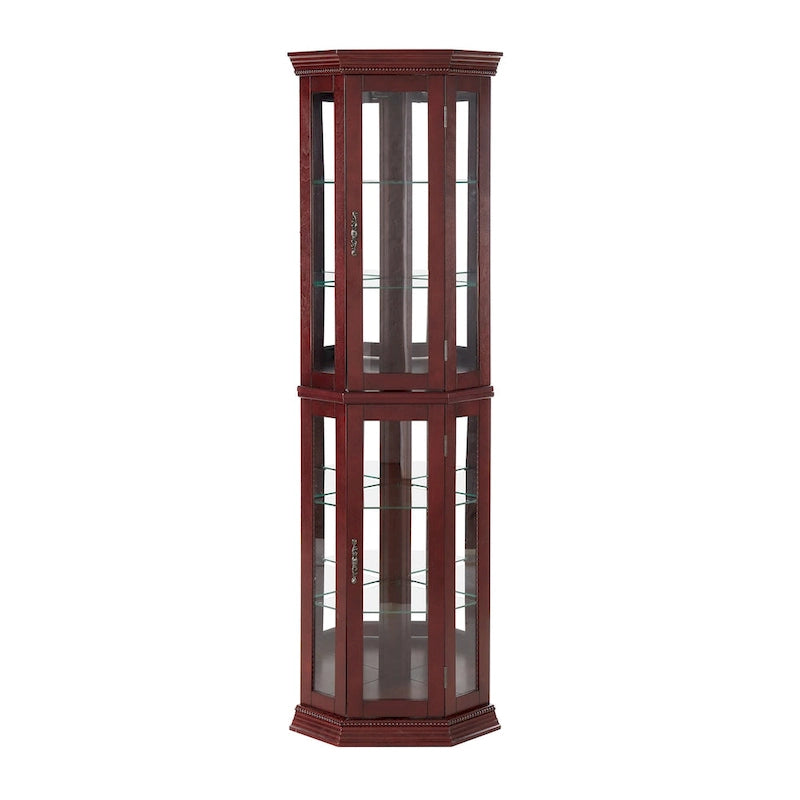Cherry & Oak Corner Curio Cabinet with Light, Mirrored Back & Tempered Glass Shelves