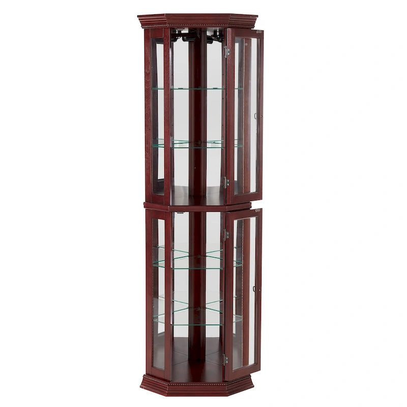 Cherry & Oak Corner Curio Cabinet with Light, Mirrored Back & Tempered Glass Shelves