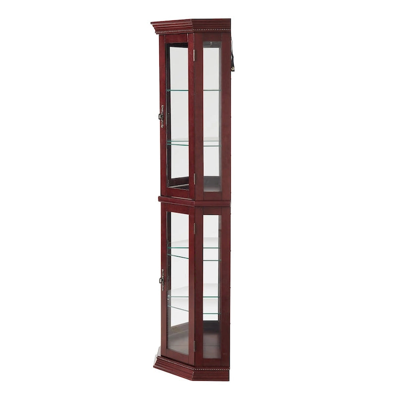 Cherry & Oak Corner Curio Cabinet with Light, Mirrored Back & Tempered Glass Shelves
