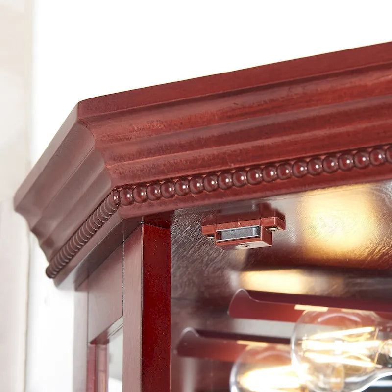 Cherry & Oak Corner Curio Cabinet with Light, Mirrored Back & Tempered Glass Shelves