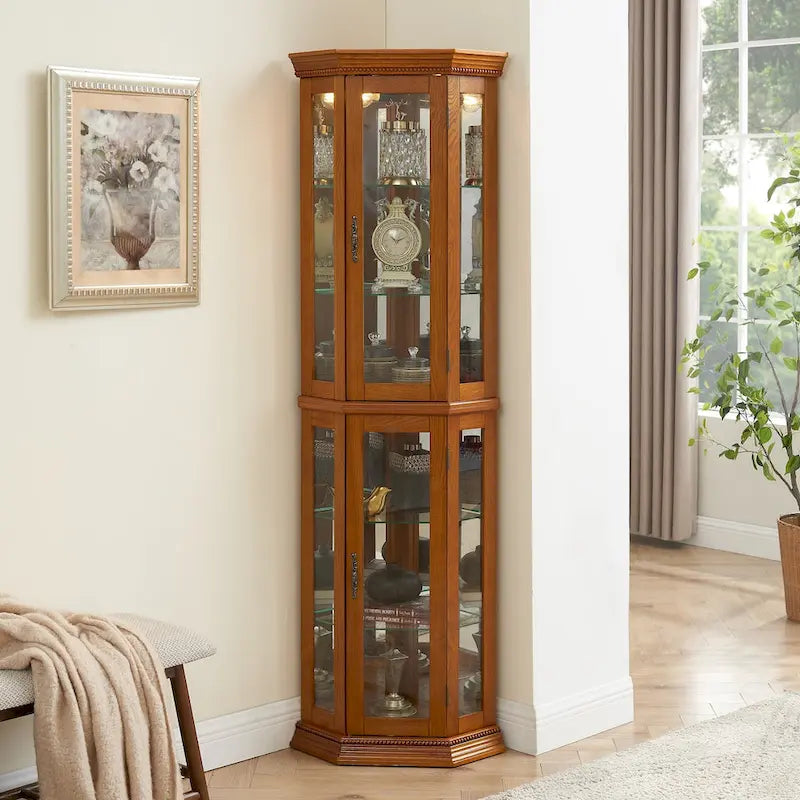 Cherry & Oak Corner Curio Cabinet with Light, Mirrored Back & Tempered Glass Shelves