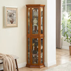 Cherry & Oak Corner Curio Cabinet with Light, Mirrored Back & Tempered Glass Shelves