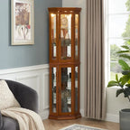 Cherry & Oak Corner Curio Cabinet with Light, Mirrored Back & Tempered Glass Shelves