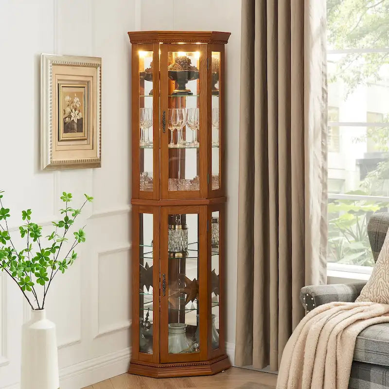 Cherry & Oak Corner Curio Cabinet with Light, Mirrored Back & Tempered Glass Shelves