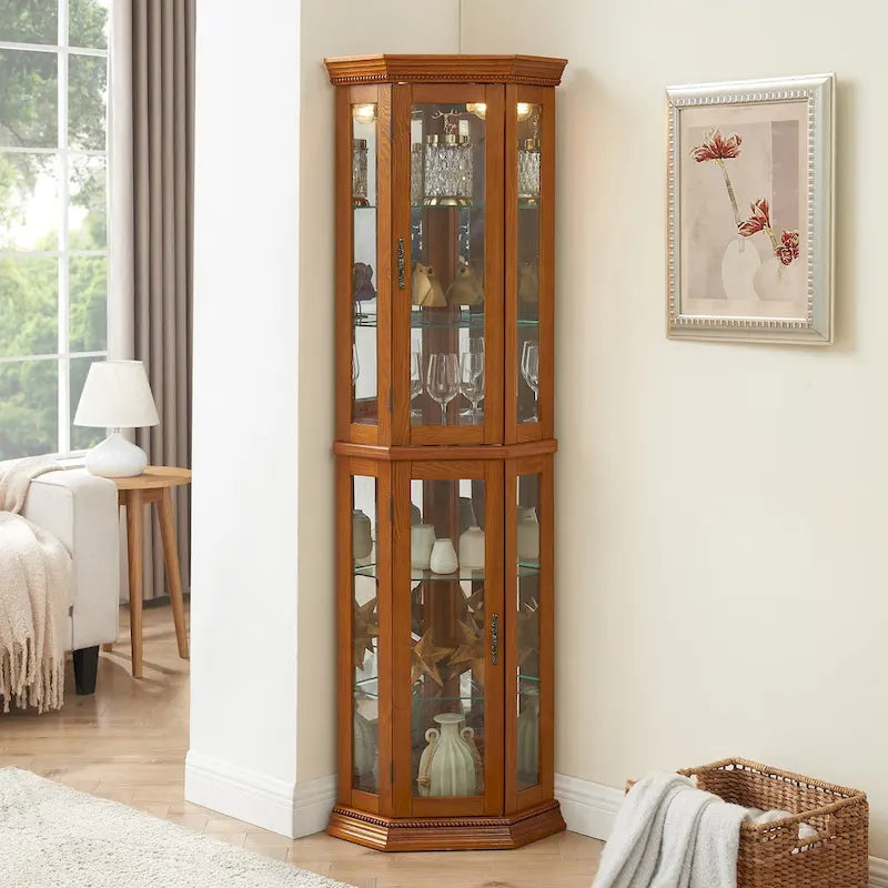 Cherry & Oak Corner Curio Cabinet with Light, Mirrored Back & Tempered Glass Shelves