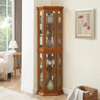 Cherry & Oak Corner Curio Cabinet with Light, Mirrored Back & Tempered Glass Shelves