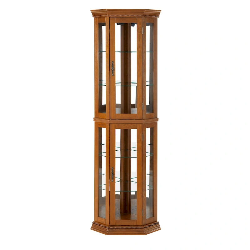 Cherry & Oak Corner Curio Cabinet with Light, Mirrored Back & Tempered Glass Shelves