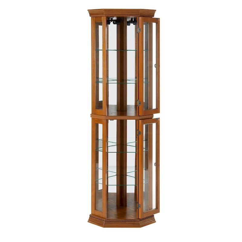 Cherry & Oak Corner Curio Cabinet with Light, Mirrored Back & Tempered Glass Shelves
